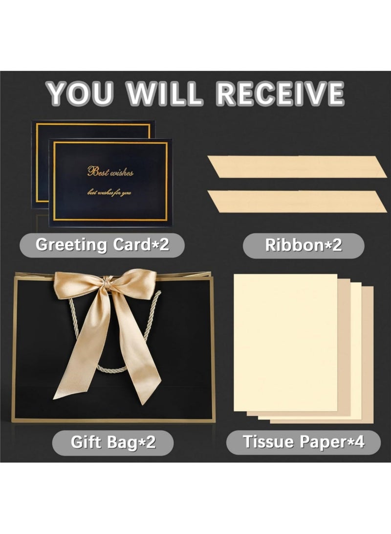 saykfoe 2PCS Black Large Gift Bags, Paper Bags with Ribbon, Greeting Cards and Tissue Paper, Portable Party Bags with Handles, Birthday Gift Bags, Present Bags for Wedding Party, Party Supplies（32*25*11cm） - Image 2